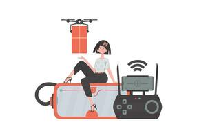 das Konzept von Ladung Lieferung durch Luft. ein Frau Kontrollen ein Quadcopter mit ein Paket. isoliert auf Weiß Hintergrund. modisch Stil. Vektor Illustration.