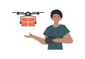 das Thema von Ladung Lieferung durch Luft. ein Mann Kontrollen ein Drohne mit ein Paket. isoliert auf Weiß Hintergrund. Vektor Illustration.