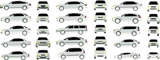 uppsättning av annorlunda främre och sida bilar i realistisk design isolerat på vit bakgrund vektor