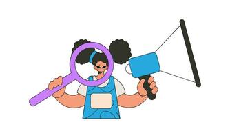 ein Frau ist halten ein Megaphon. Mensch Zeichnung. vektor