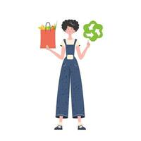 de kvinna är avbildad i full tillväxt och innehar en väska av friska mat i henne händer och visar de eko ikon. isolerat. trend vektor illustration.