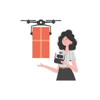 Lieferung Thema. ein Frau Kontrollen ein Drohne mit ein Paket. isoliert auf Weiß Hintergrund. modisch Stil. Vektor. vektor