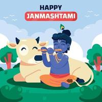 Janmashtami Gruß mit kleinem Krishna und Kuh vektor