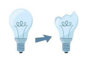 Licht Birne und gebrochen Licht Birne. elektrisch Lampe, Licht, Innovation, Lösung, kreativ Denken, Strom. Vektor Illustration.