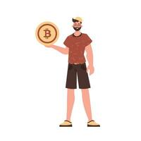 ein Mann hält ein Bitcoin Münze im seine Hände. Charakter im ein modern modisch Stil. vektor