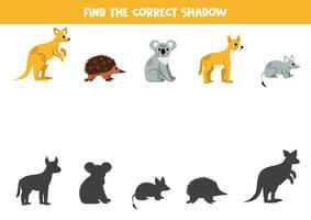 finden Schatten von süß australisch Tiere. lehrreich logisch Spiel zum Kinder. druckbar Arbeitsblatt zum Vorschulkinder. vektor