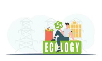 ein Mann sitzt Nächster zu ein Paket von richtig Essen und hält ein eko Symbol. Ökologie und Grün Planet Konzept. Trend Stil, Vektor Illustration.