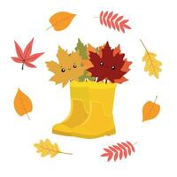 Gelb hoch klar Gummi Stiefel mit Ahorn Blätter im kawaii Stil. Gartenarbeit, Herbst. Herbst Banner. Vektor Illustration