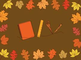 Schule liefert sind gezeichnet im einer Linie auf ein Hintergrund mit Herbst Blätter. zurück zu Schule. Vektor