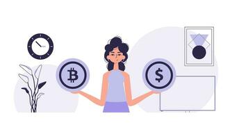 das Konzept von Bergbau und Extraktion von Bitcoin. ein Frau hält ein Bitcoin und ein Dollar im ihr Hände. Charakter im modisch Stil. vektor