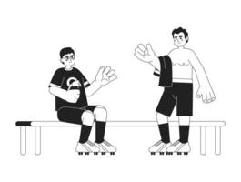 Sportler kommunizieren einfarbig Konzept Vektor Stelle Illustration. Mann im Sitzung, Junge ohne Shirt. Teamkollege 2d eben bw Karikatur Zeichen zum Netz ui Design. isoliert editierbar Hand gezeichnet Held Bild