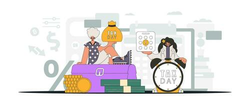 modisch Mädchen und Kerl zeigen bezahlen Steuern. ein Illustration demonstrieren das Bedeutung von bezahlen Steuern zum wirtschaftlich Entwicklung. vektor