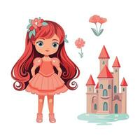 ein wunderlich Welt von ein rothaarig wenig Prinzessin, zauberhaft Schloss, und üppig Blumen- Elemente im ein charmant Karikatur Stil. Vektor Satz.