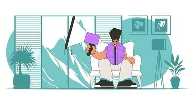 Vektor Illustration von ein Mensch Ressourcen Spezialist. ein jung Kerl sitzt im ein Stuhl und hält ein Megaphon.