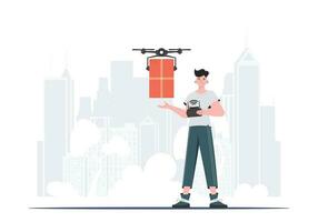 ein Mann Kontrollen ein Drohne mit ein Paket. Lieferung Konzept. Vektor. vektor