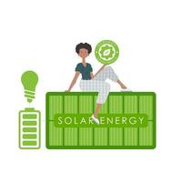 das Mädchen sitzt auf das Solar- Panel und hält das Öko Logo im ihr Hände. das Konzept von Ökologie und Grün Energie. isoliert auf Weiß Hintergrund. modisch, modisch Stil. Vektor. vektor