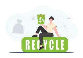ein Mann sitzt und hält ein Müll können im seine Hand. das Konzept von Recycling und Null Abfall. Vektor Illustration eben modisch Stil.