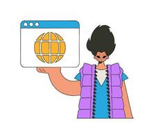 ein hell und stilvoll Illustration von ein Mann halten ein Browser Fenster im seine Hände. hell Trend Charakter. vektor