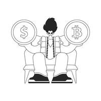 ein attraktiv Mann ist halten ein Bitcoin und Dollar Münze. linear Zeitung schwarz und Weiß Stil. vektor