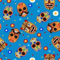 ljus sömlös vektor mönster med mexikansk masker på blå bakgrund