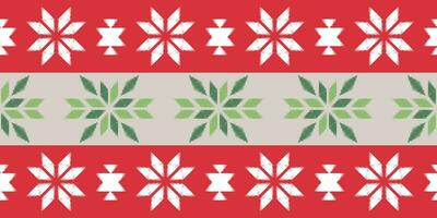 Motiv Weihnachten ethnisch handgemacht schön Ikat Kunst. Weihnachten Hintergrund. Volk Stickerei Weihnachten Muster, geometrisch Kunst Ornament drucken. Rot, Grün, Weiß Farben. Schneeflocke, Stern, Weihnachtsstern Design. vektor