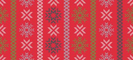 Motiv Weihnachten ethnisch handgemacht schön Ikat Kunst. Weihnachten Hintergrund. Volk Stickerei Weihnachten Muster, geometrisch Kunst Ornament drucken. Rot, Grün, Weiß Farben. Schneeflocke, Stern, Weihnachtsstern Design. vektor