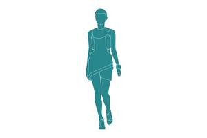 vektorillustration av elegant kvinna som går, platt stil med konturer vektor