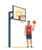 Lycklig man basketboll spelare i enhetlig med boll på de basketboll domstol. vektor illustration.