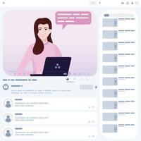 Vektordesign von Video-Tutorial, Online-Videowiedergabe, Kommunikator im Online-Kurs, Video-Website-Schnittstelle mit weiblicher Influencerin mit ihrem Laptop vektor
