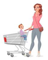 Mutter mit Sohn sitzt im Einkaufswagen-Vektor-Illustration vektor