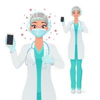 Krankenschwester in Haarnetzmaske mit Smartphone-Bildschirm mit Daumen nach oben Vektorgrafiken vektor