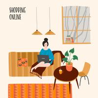 Vektor illustration av kvinna med laptop hemma. Koncept för shopping online och annan användning.