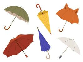 anders Regenschirme im verschiedene Positionen. öffnen und gefaltet Regenschirme. Vektor Illustration im eben Stil