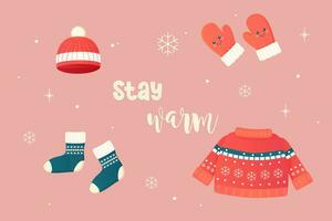 bleibe warm, Kleidung, Zubehör Winter Socken, Jumper, Hut vektor
