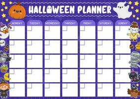vektor halloween en gång i månaden planerare med traditionell Semester symboler. söt höst Allt helgon dag kalender eller tidtabell för ungar. skrämmande lura eller behandla affisch med söt söt häxa, vampyr, spöke