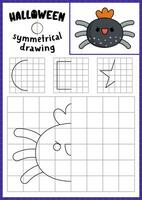 halloween symmetrisk teckning arbetsblad. komplett de Spindel bild. vektor höst Semester skrivning öva arbetsblad. tryckbar svart och vit aktivitet för förskola ungar. kopia de bild