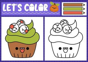 halloween färg sida för barn med söt söt skrämmande cupcake. vektor höst Semester översikt illustration. Färg bok för barn med färgad exempel. teckning Kompetens tryckbar kalkylblad