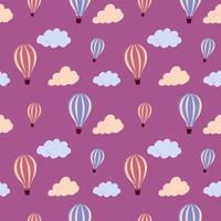 nahtloses Muster mit fliegendem Heißluftballon und bunten Wolken auf einem Hintergrund. Vektor endlose Textur für Reisedesign.