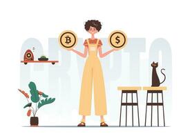 kryptovaluta begrepp. en kvinna innehar en bitcoin och en dollar i henne händer. karaktär i modern trendig stil. vektor