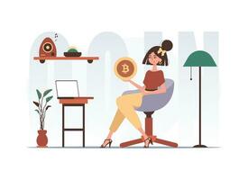 de begrepp av brytning och extraktion av bitcoin. en kvinna sitter i en stol och innehar en bitcoin mynt i henne händer. karaktär i trendig stil. vektor