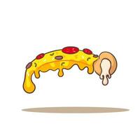 Pizza Scheibe geschmolzen Karikatur eben Stil. schnell Essen Konzept Design. isoliert Weiß Hintergrund. Vektor Kunst Illustration.