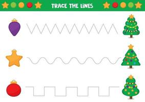 pädagogisches Arbeitsblatt für Kinder im Vorschulalter. Tracing-Linien mit Weihnachtskugeln und Tannenbaum. Handschrift üben. vektor