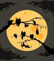 gruselig Krähen und Fledermäuse wil rot Augen Sitzung auf Geäst mit ein voll Mond und dunkel Wolken auf ein Hintergrund. Halloween Illustration. Design zum Poster, Postkarte, Hintergrund vektor