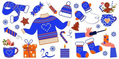 uppsättning av vinter- kläder. ny år Kläder, drycker, Semester dekorationer och Övrig element. vektor illustration i platt stil.