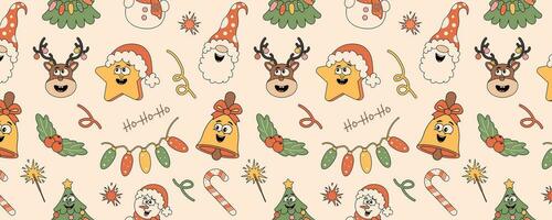 glad jul och Lycklig ny år sömlös mönster. pepparkaka, festlig krans, klubba, santa claus i en häftig retro tecknad serie stil. vektor illustration för textil, förpackning, tapet.