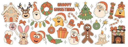 samling av hippie trendig retro jul klistermärken. jul träd, gåvor, snögubbe, tomte, tomte, pepparkaka, klubba. vektor illustration i 80s stil.