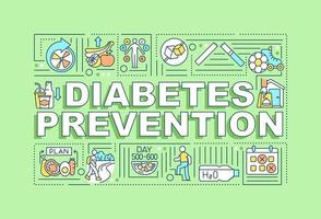 Wortkonzepte Banner für Diabetes-Präventionen. Medizinische Hilfe. Infografiken mit linearen Symbolen auf grünem Hintergrund. isolierte kreative Typografie. Vektor-Umriss-Farbillustration mit Text vektor