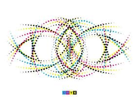 ein bunt abstrakt Design mit Punkte und Linien, ein cmyk und Weiß Halbton Illustration von ein Symbol, Spiral- wirbelnd Halbton Vektor Illustration