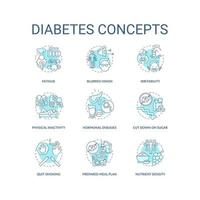 Diabetes-Konzeptikonen eingestellt. Gesundheitsprobleme. Gesundheitsprobleme der Krankheit. spezielle Diät für kranke Menschen. gesunde Ernährung Idee dünne Linie Farbillustrationen. Vektor isolierte Umrisszeichnungen. bearbeitbarer Strich