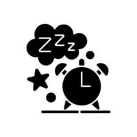 Schlafzeit schwarzes Glyphensymbol. Wecker. Zifferblatt mit Nachtanzeige. Countdown bis zum Aufwachen am Morgen. Nachtruhe. tägliche Routine. Silhouette-Symbol auf Leerzeichen. isolierte Vektorgrafik vektor